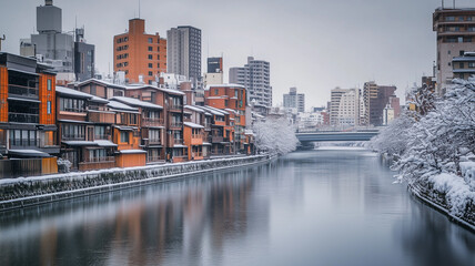 Sticker - 隅田川と雪景色の伝統建築