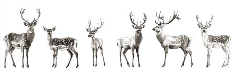 Wall Mural - Stag silhouette illustration with an isolated reindeer set illustration in ink.