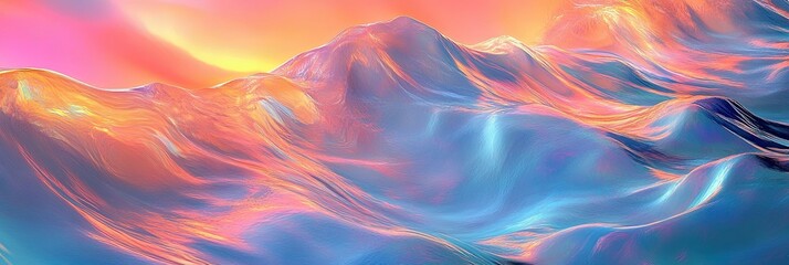Poster - Abstract Landscape of Colorful Waves Illuminated by a Sunset in a Digital Art Creation