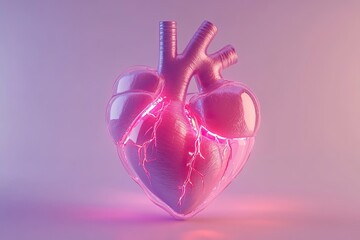 Poster - A Glowing Heart Sculpture With Neon Pink Light on a Soft Pastel Background at Twilight