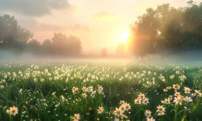 Wall Mural - Dawn breaking over a foggy meadow, Video