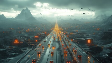 Wall Mural - Futuristic landscape with glowing roads and drones in a mountainous setting.