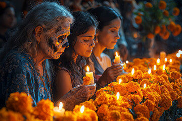 Sticker - A family lighting candles and arranging marigolds at a Day of the Dead altar in their home, honoring their ancestors with personal touches and meaningful items.