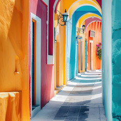 colorful arches architecture vibrant street exterior building doorways sunny bright mediterranean urban walkway shadow perspective artistic cheerful outdoor travel 