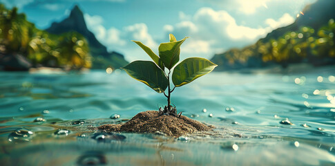 Poster - A small plant begins to grow on the edge of a tropical lagoon. Generative AI.