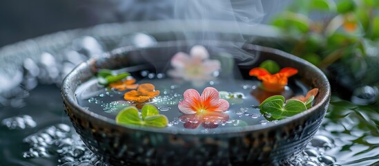 Vibrant botanical arrangement of colorful flowers and fresh green leaves gracefully floating in a tranquil water bowl promoting a sense of wellness relaxation and harmony