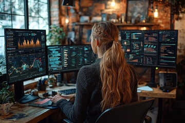 Poster - a businesswoman conducting market research from a trendy co-working space, with multiple screens and