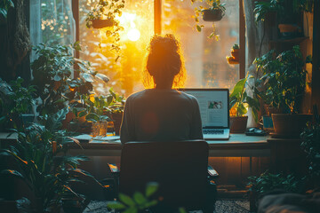 Poster - a businessperson working from a cozy home office, surrounded by plants and personal touches, showcas