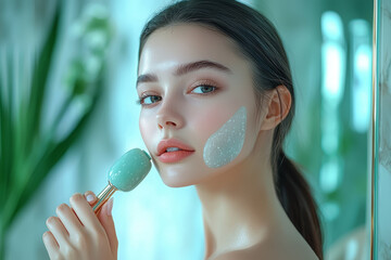 Wall Mural - A woman using a jade roller on her face in front of a mirror. Concept of skincare and relaxation.