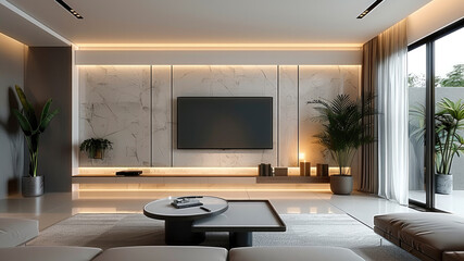 Sticker - Modern minimalist living room, TV background wall design with white wall and light-colored floor tile, simple sofa combination, LED screen hanging above the coffee table. Generative AI.