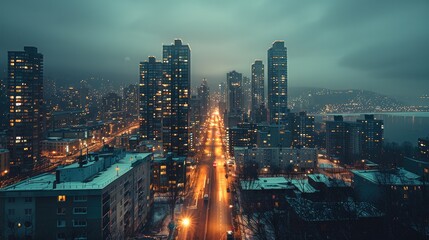 Aufkleber - City landscape at night. Generative AI.