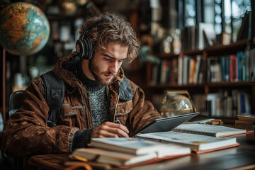 Poster - A student attending an online class, sitting at a desk with textbooks and a tablet. Concept of remote learning and education.