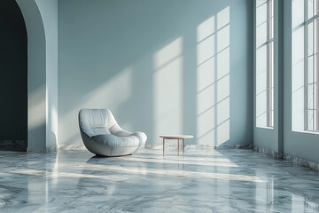 Poster - A sparse living area with a single sofa and a small coffee table. Concept of minimalist comfort.