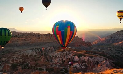 Sticker - Rainbow over colorful hot air balloons, Video