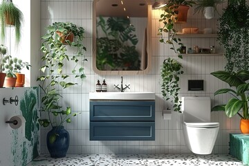 Wall Mural - A bathroom with a blue vanity and a white toilet