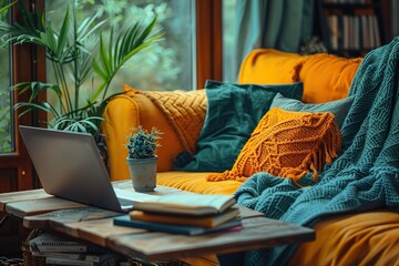 Poster - A cozy living room with a laptop on a wooden table, a potted plant