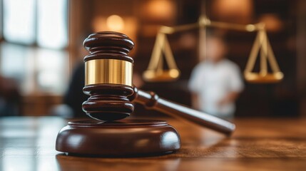 Wooden gavel on a desk in a courtroom with people discussing legal matters in the background