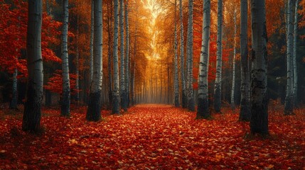 Wall Mural - Serene autumn forest path with vibrant orange and red foliage.