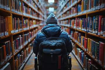 Poster - A person with a visual impairment using adaptive technology in a library. Concept of accessibility and inclusion.