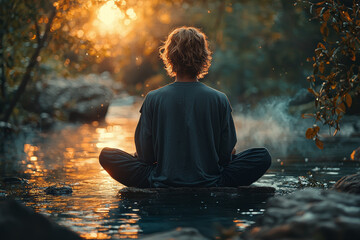 Wall Mural - A person practicing mindfulness by focusing on breathing while sitting in nature. Concept of mental health and relaxation.