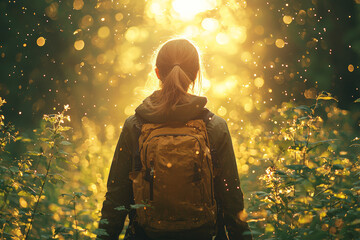 Wall Mural - A person enjoying a walk in a forest, taking in the fresh air. Concept of nature therapy and mental well-being.