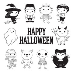 Wall Mural - Cute cartoon set of Halloween characters with a Happy Halloween message