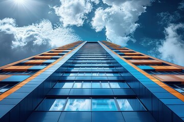 A tall building with a blue and orange facade