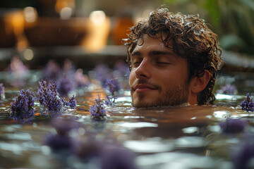 Wall Mural - A man enjoying a soothing bath with essential oils and bath salts. Concept of relaxation and personal care.