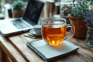 Poster - A close-up of a home workspace with a laptop, a notepad, and a cup of tea during a video call. Concept of remote work environment.