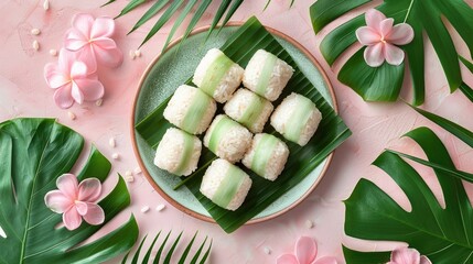 Closeup view of a delicious tropical coconut dessert served on green leaves with pink floral accents creating a minimalist and natural still life composition