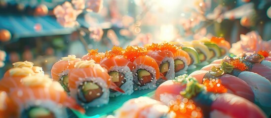 A vibrant and visually stunning display of an assortment of expertly crafted Japanese sushi rolls nigiri and other delectable seafood and rice based delicacies artfully arranged on a table