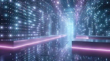 Poster - Exhibition stand composed of countless glowing light dots, futuristic design, ethereal light particles, minimalistic style, floating platform, sleek design. Generative AI.