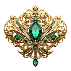 Elegant Gold Brooch With Large Green Emerald And Intricate Filigree Design