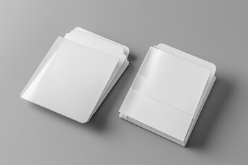 White reinforced A4 single pocket folders on grey background for mock-up. 3D rendering.