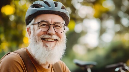 Happy mature senior man riding his bicycle through a park on a sunny day