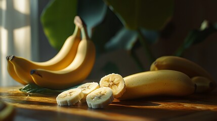 Wall Mural - A serene arrangement of ripe bananas, some whole and one sliced, illuminated by soft sunlight.