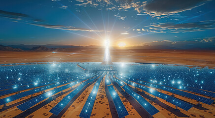 Wall Mural - A massive solar farm located in the desert. thousands upon thousands of solar panels arranged in a circular pattern around a central tower. Each panel reflects sunlight onto the central tower.