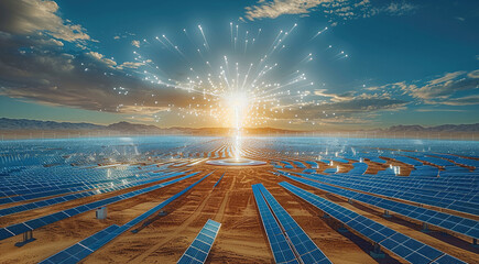 Aufkleber - A massive solar farm located in the desert. thousands upon thousands of solar panels arranged in a circular pattern around a central tower. Each panel reflects sunlight onto the central tower.