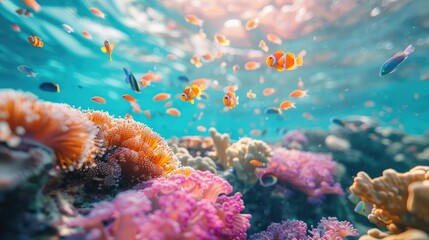 Stunning underwater scene showcasing a vibrant coral reef ecosystem filled with a diverse array of colorful tropical fish and marine life