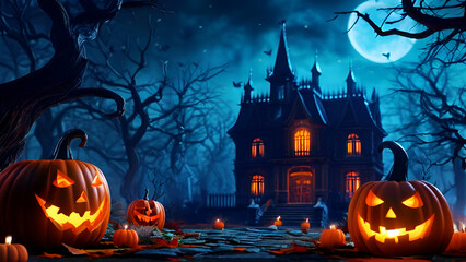 Halloween background evil pumpkins haunted house 3D render Spooky scary dark Night forrest