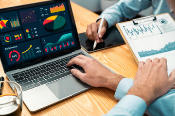 Poster - financial data analysis dashboard by fintech bi or business intelligence display on laptop screen to