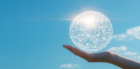 Wall Mural - On light blue background, a hand pointing at a digital wireframe globe representing global connections and technology.