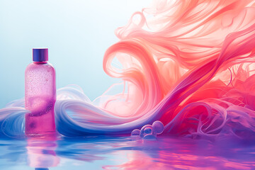 Poster - A transparent bottle filled with liquid stands against a backdrop of vibrant swirls in pink and blue hues, creating a dreamy and artistic atmosphere on a reflective surface