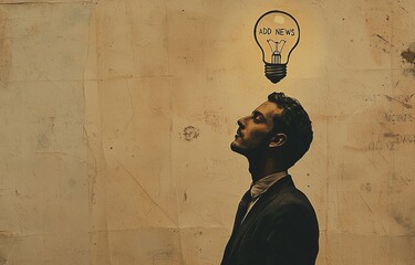 Concept of a smart young businessman with an abstract drawn lightbulb on a light cartoon background. Idea and innovation concept is presented.