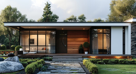 Poster - Modern simple one-story small house with, the house has small front, white and black walls and wood and brick accents, exterior view. Generative AI.
