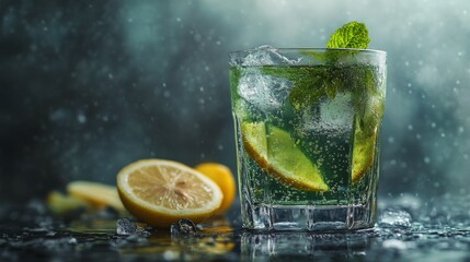 Wall Mural - Refreshing glass of lemonade with ice and mint surrounded by fresh lemons on a dark surface