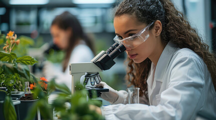 Poster - Students in a lab setting, using microscopes and testing soil samples for an environmental science project. Generative AI.