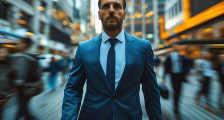 Poster - A businessman in a blue suit walking confidently through a bustling city street, surrounded by other professionals on the move. background of modern office buildings and a sense of urgency.