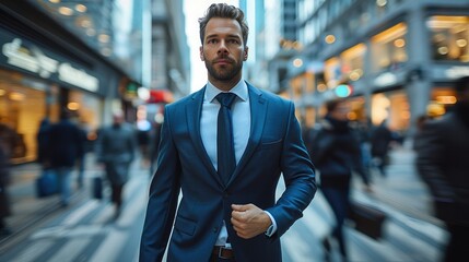 Poster - A businessman in a blue suit walking confidently through a bustling city street, surrounded by other professionals on the move. background of modern office buildings and a sense of urgency.