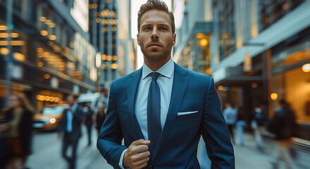 Poster - A businessman in a blue suit walking confidently through a bustling city street, surrounded by other professionals on the move. background of modern office buildings and a sense of urgency.